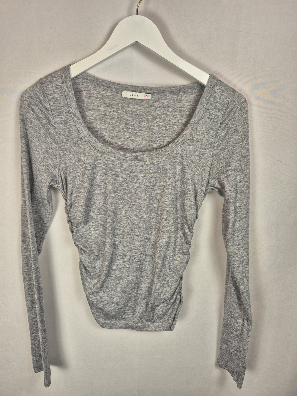 Lush Gray Scoop-Neck Long Sleeve Ruched Top